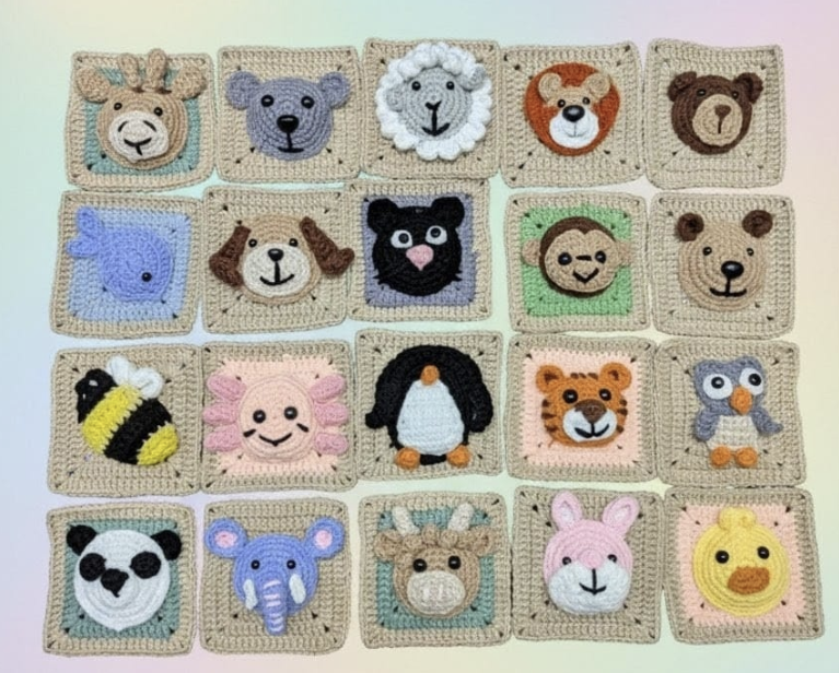20 Animal Granny Squares - New 3D Design